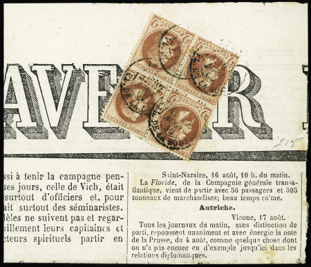 N°26 2c rouge-brun en bloc de 4 sur fragment du journal de l'Avenir, du 17 août 1869