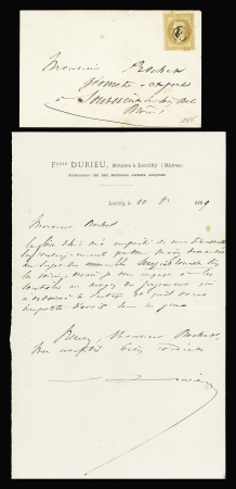 N°28A 10c bistre obl. OR sur lettre locale pour Sourcieux (Rhône), TB