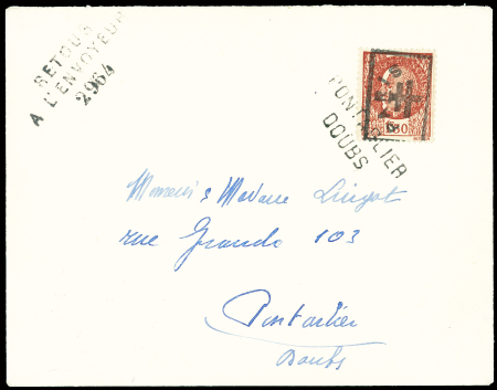 PARIS 5ème n°1 OBL griffe d'arrivée "Pontarlier Doubs"