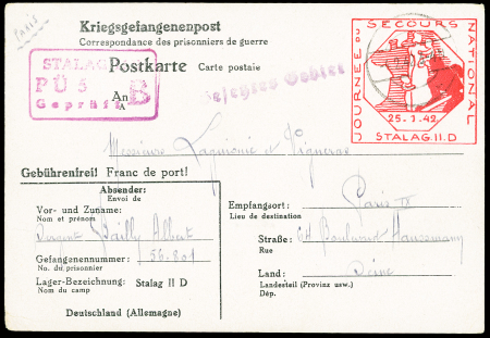Entier postal avec figurine rouge "Journée du secours national Stalag IID 25.1.42" OBL. TB