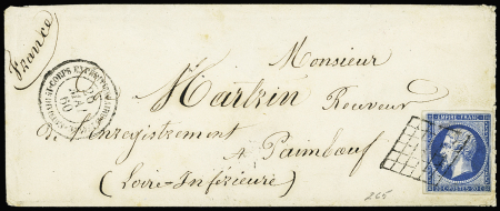 N°14 OBL grille + CAD "Corps expéditionnaire d'Italie 1e division" (26 mai 1860) sur lettre. TB