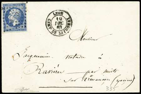 N°14 OBL losange de points "CDS" + CAD "Lyon camp de Sathonay" (10 dec 1860) sur lettre. TB