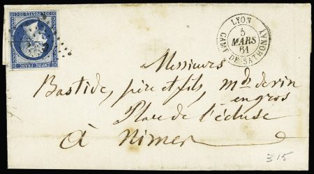 N°14 OBL losange de points "CDS" + CAD "Lyon camp de Sathonay" (5 mars 1861) sur lettre. TB
