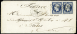N°14 en paire OBL losange de points "AOA" + CAD "Armée d'Orient Bau A" (1856) sur lettre. B/TB