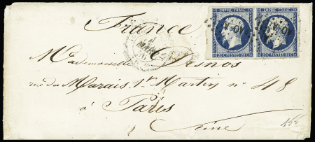 N°14 en paire OBL losange de points "AOA" + CAD "Armée d'Orient Bau A" (1856) sur lettre. B/TB
