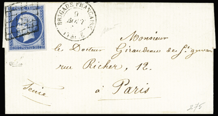 N°14 OBL grille + CAD "Brigade française Italie" (1861) sur lettre. TB