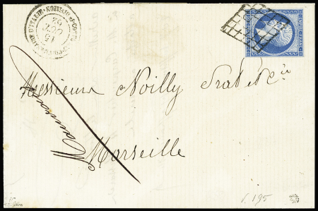 N°14 OBL grille  + CAD "Corps expeditionnaire d'Italie 1e division" (15 oct 1862) sur lettre. TB