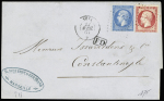 N°22+24 OBL ancre + CAD de paquebot "Neva" (22 avril 1865) sur lettre pour Constantinople. TB