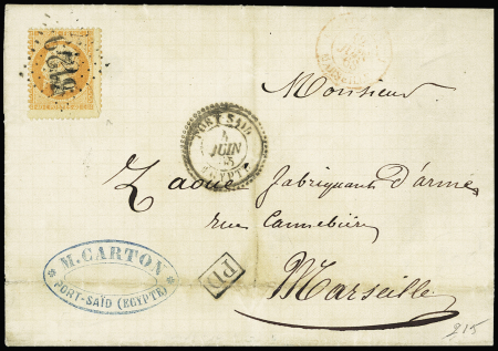 N°23 OBL GC5129 + CAD perlé T22 "Port Saïd Egypte" (1868) sur lettre pour Marseille avec au verso T15 de transit Alexandrie. TB