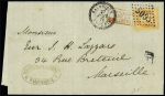 2 lettres : n°23 OBL GC 5095 + CAD perlé T22 "Salonique Turquie" (1871) et n°23 en paire OBL GC 5082 + T15 "Beyrouth Syrie" (1867). TB