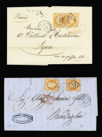 2 lettres : n°23 OBL GC 5095 + CAD perlé T22 "Salonique Turquie" (1871) et n°23 en paire OBL GC 5082 + T15 "Beyrouth Syrie" (1867). TB