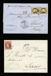 2 lettres : n°30 en paire verticale OBL GC 5098 + T15 "Smyrne Turquie" (1869) et n°32 OBL GC 5098 + T15 "Smyrne Turquie" (1871). TB
