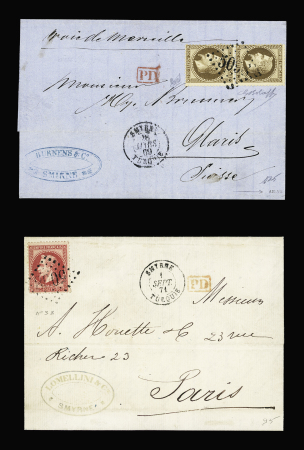 2 lettres : n°30 en paire verticale OBL GC 5098 + T15 "Smyrne Turquie" (1869) et n°32 OBL GC 5098 + T15 "Smyrne Turquie" (1871). TB