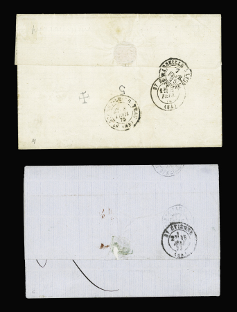 TUNISIE - 2 lettres : n°38 + 58 en paire OBL G 5107 + T17 "Tunis Tunisie" (1874) et n°56 en paire OBL GC 5107 seul (Tunis). TB