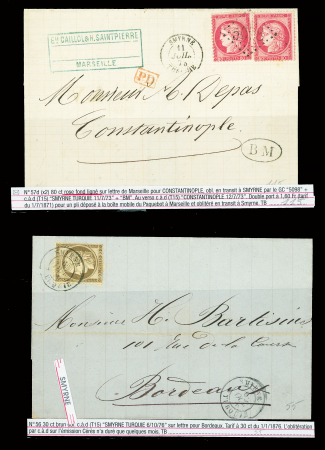 3 lettres : n°57, 2 pièces OBL GC 5098 + T15 "Smyrne Turquie" (1873) + "BM" dans un ovale sur lettre de Marseille pour Constantinople - n°56 OBL CAD T15 "Smyrne Turquie" (1876) - n°56 OBL CAD T17 "Tunis Tunisie" (1876).