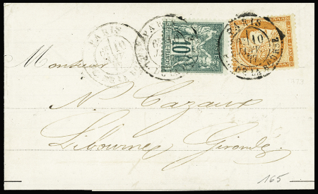 N°38 + 76 OBL CAD "Paris Pl. de la Bourse" (1877) sur lettre, bel AFF composé Cérès-Sage, rare avec le n°76. TB