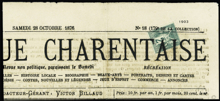 N°62, 2c vert OBL typo sur manchette de journal "La Chronique Charentaise3 (28 oct 1876). TB