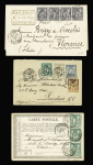 3 plis : n°64, bande de 3 verticale OBL CAD T18 "Villers Cotterets Aisne" (1876) sur CP précurseur - n°66 en bande de 4 OBL CAD "Paris R. de Cléry" (1876) sur lettre pour Florence (Italie) avec arrivée - n°75 + 82 + 83 O