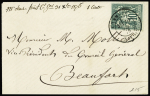 N°76, 10c vert, OBL CAD T18 "Chambery Savoie" (1876) sur env carte de visite pour Beaufort. TB