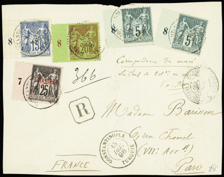 Levant n°4, 1 piastre sur 25c noir sur rose en mixte avec France n°75, 2 pièces + 96 + 90 OBL CAD T18 "Constantinople Turquie" (1898) sur devant de lettre recommandée pour Paris. TB