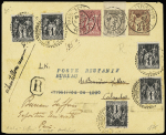 N°71, 75c rose + 85 + 87 OBL CAD "Paris exposition presse" (1900) sur lettre réexpédiée dans le Calvados puis renvoyée à Paris avec n°83 OBL CAD perlé "Bernières-s-Mer Calvados". Rare et TB