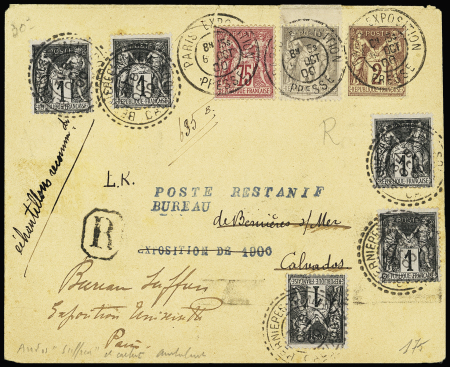 N°71, 75c rose + 85 + 87 OBL CAD "Paris exposition presse" (1900) sur lettre réexpédiée dans le Calvados puis renvoyée à Paris avec n°83 OBL CAD perlé "Bernières-s-Mer Calvados". Rare et TB