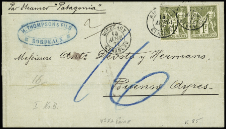 N°72, 1F bronze en paire, OBL CAD "Bordeaux étranger" (1877) sur lettre pour Buenos-Ayres pour le steamer Patagonia. TB