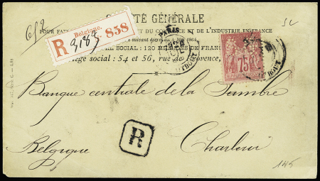 N°81, 75c rose, perforé "SG" OBL "Paris R. Taitbout" (1888) sur lettre recommandée pour Charleroi (Belgique) avec étiquette de recommandation de Charleroi. TB