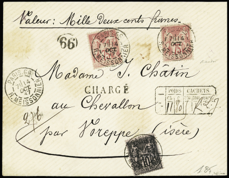 N°81, 2 pièces + n°89 OBL CAD "Paris 66 R. Meissonier" (1887) sur lettre chargée (VD 1200F) avec cachet descriptif des chargements au recto. Jolie lettre signé JF. Brun. TB
