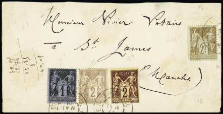 N°105, 2F Sage (LD) + 83 + 85, 2 pièces (2 Nuances) OBL dans l'Yonne sur lettre pour Saint James (Manche)