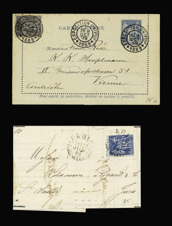 N°90 OBL CAD d'essai (diamètre 23mm avec petites étoiles) "Paris place de la Bourse" (27 juil 80) (De Beaufond n°667 - Cérès n°2) sur lettre et n°89 OBL CAD "Exposition univelle  1889" sur entier carte-lettre 15c Sage ad