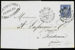 N°90 OBL  grand CAD d'essai répété à côté "Paris place de la Bourse" (19 avril 1880 - diamètre 27mm - De Beaufond n°665 - Cérès n°1) sur lettre. TB