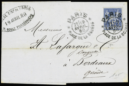 N°90 OBL  grand CAD d'essai répété à côté "Paris place de la Bourse" (19 avril 1880 - diamètre 27mm - De Beaufond n°665 - Cérès n°1) sur lettre. TB