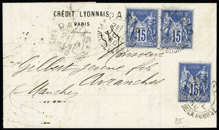 N°90, 3 pièces OBL CAD d'essai "Paris place de la Bourse" (juillet 1880) (diamètre 23mm - De Beaufond n°666) sur lettre triple port pour Avranches. TB