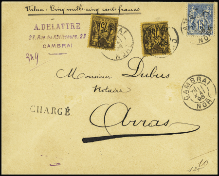 N°90 + 99, 2 pièces OBL "Cambrai Nord" (1896) sur lettre chargée (VD 5500F) adressée à M.Dubus, notaire à Arras (père du collectionneur Léon Dubus). TB