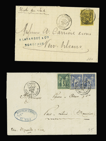 2 lettres : n°93 OBL Bordeaux (1880) sur lettre pour les USA (Nouvelle-Orléans) et n°75 + 90, 2 pièces, OBL St Malo Ille et Vilaine (1879) sur lettre pour Port-Louis (Ile Maurice). TB