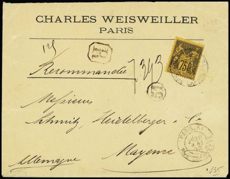 N°99, 75c violet sur jaune OBL Paris 51 (1892) sur lettre recommandée du 2ème échelon pour Mayence (Allemagne). TB