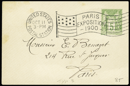Petite env. entier postal 5c Sage vert-jaune OBL mec "United States postal station Paris exposition 1900" (11 oct 1900). TB