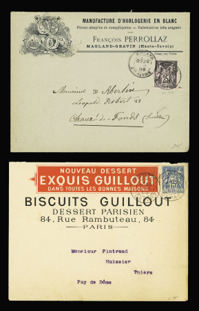 13 lettres et cartes postales précurseurs AFF type Sage dont CAD d'essai pointillé "Paris Pl de la Bourse" (1881 - De Beaufond n°672), feuillet 5F violet de l'expo de Montpellier (1939), n°96 OBL mec drapeau Paris départ