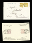13 lettres et cartes postales précurseurs AFF type Sage dont CAD d'essai pointillé "Paris Pl de la Bourse" (1881 - De Beaufond n°672), feuillet 5F violet de l'expo de Montpellier (1939), n°96 OBL mec drapeau Paris départ