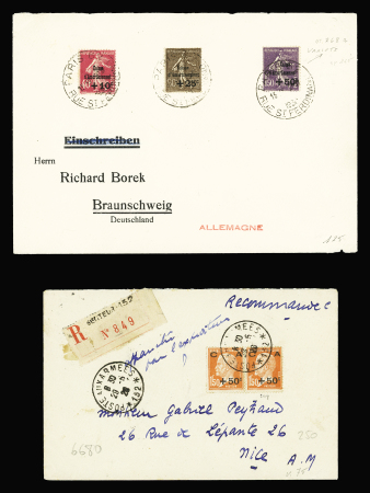 Ensemble de 8 lettres AFF avec Caisse d'amortissement petits formats dont n°266 à 268 sur lettre pour l'Allemagne et n°277 seul sur lettre pour la Turquie avec arrivée. TB lot