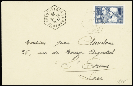N°252A, type 2, centrage parfait, OBL hex pointillée "La Baraque Haute-Loire" (21.5.28) sur lettre pour Saint-Etienne. TB
