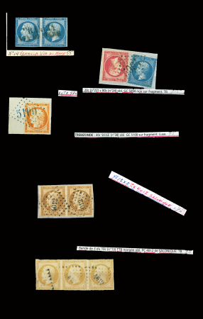 Détachés et fragments : n°14 en paire OBL linéaire "Francia via di mare" - n°22 + 24 OBL GC 5094 (Rhodes) - n°13 en paire OBL PC 4012 (Salonique) - n°3 en bande de 3 OBL PC 4012 (Salonique) - n°38 OBL joli GC bleu 5100 (