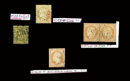 Détachés et fragments : n°59 - n°38 en paire - n°93 OBL GC 5104 (Shanghaï) - n°16 OBL PC 4018 en bleu (Varna) - n°38 en paire OBL GC 5100 (Trebizonde) - n°21 + 22 en paire OBL GC 5092 (Mersina) - n°23 OBL GC 5082 (Beyrou