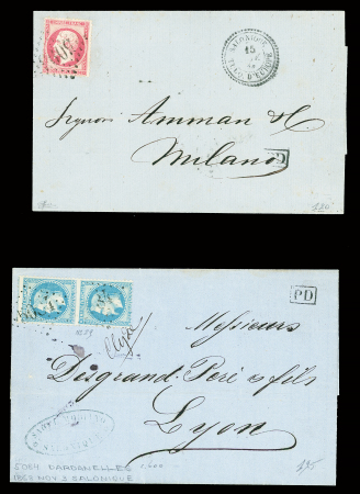 4 lettres : n°24 OBL GC 5095 + CAD perlé "Salonique Turq. D'Europe" (1864) sur lettre pour Milan - n°17, bien margé, OBL PC 4012 + CAD perlé "Salonique Turq. D'Europe" (1875) - n°29 en paire OBL GC 5084 (Dardanelles) + m