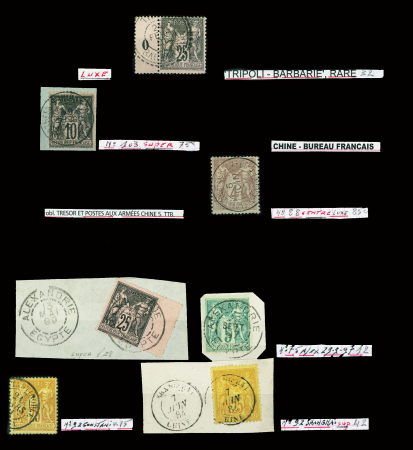7 fragments et détachés au type Sage dont OBL Alexandrie (2), Constantinople et Shanghaï. TB