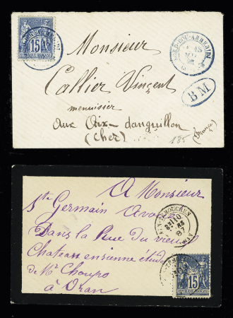 N°90 OBL CAD bleu "Bord-Bou-Arreridji Constne" (1890) répété à côté + "BM" bleu dans un ovale sur lettre. Rare et TB