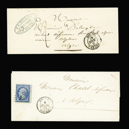 2 lettres : n°22 OBL GC 5027 + T15 Douera Algérie (1865) et LST avec CAD T15 "Douera Algérie" (1847) + taxe 2 manuscrite. TB