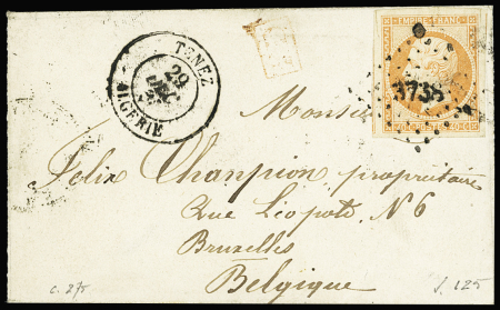 N°16 OBL PC 3738 + T15 "Tenez Algérie" (1861) sur une petite lettre pour la Belgique. Ind 14. TB