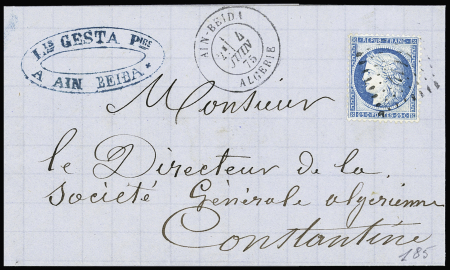 N°60 OBL PC 4116 + T17 "Aïn-Beïda Algérie" (1875) sur lettre. Ind 19. TB
